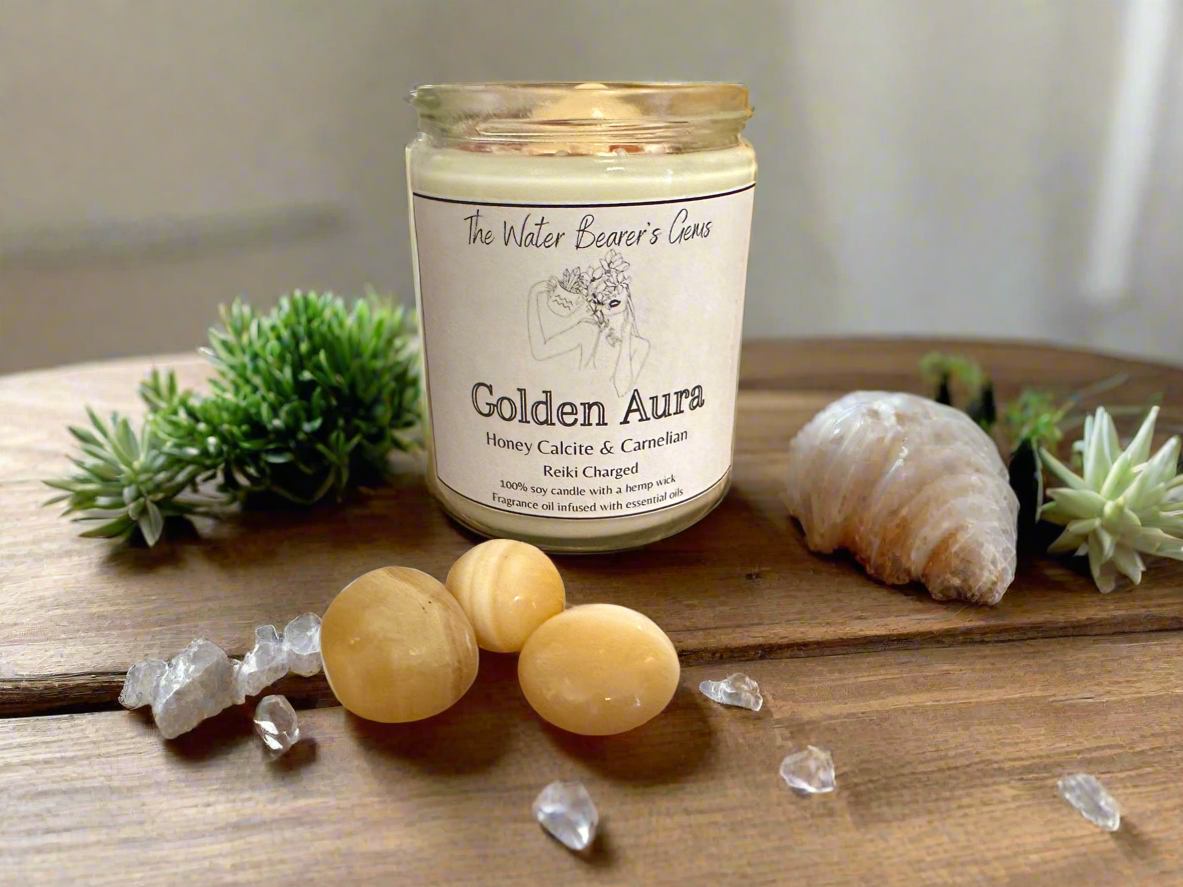 Golden Aura | Citrus Gardenia Coconut | Honey Calcite + Carnelian | Reiki Crystal Candle