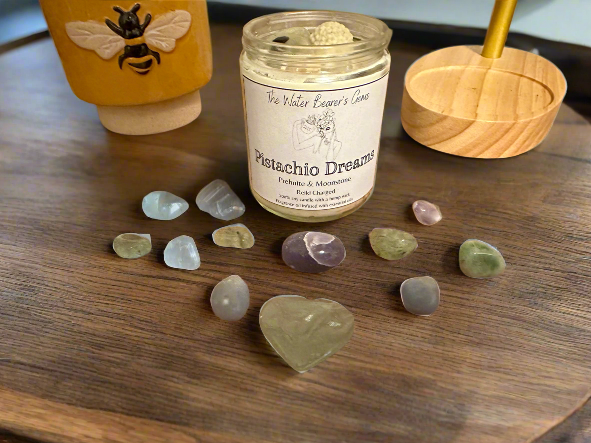 Pistachio Dreams | Nutty Vanilla Spice | Prehnite + Moonstone | Reiki Crystal Candle