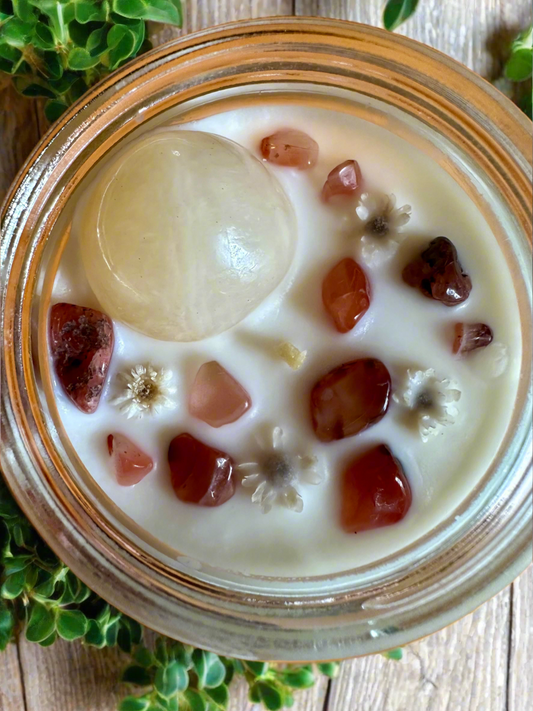 Golden Aura | Citrus Gardenia Coconut | Honey Calcite + Carnelian | Reiki Crystal Candle
