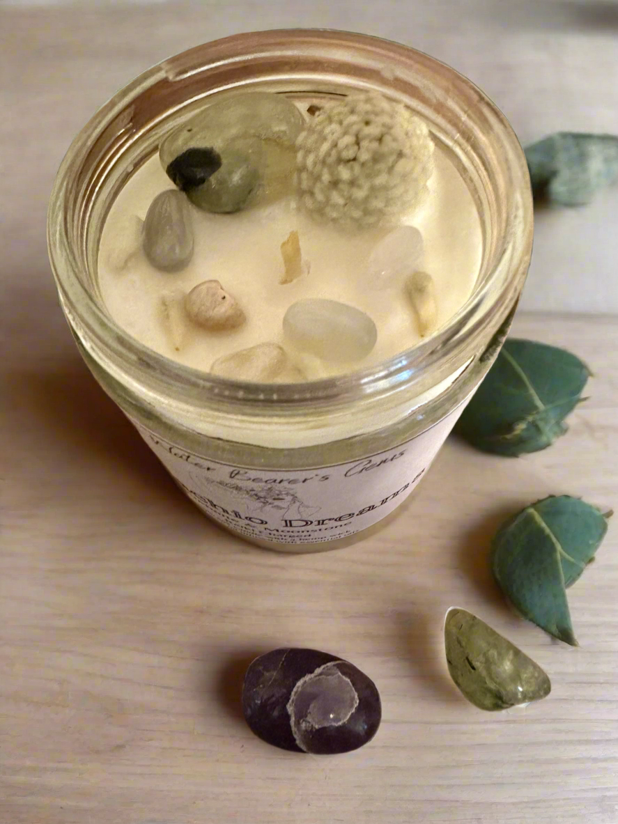Pistachio Dreams | Nutty Vanilla Spice | Prehnite + Moonstone | Reiki Crystal Candle
