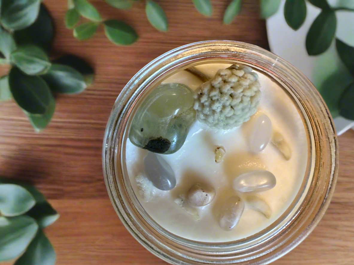 Pistachio Dreams | Nutty Vanilla Spice | Prehnite + Moonstone | Reiki Crystal Candle