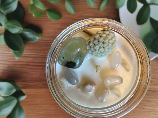 Pistachio Dreams | Nutty Vanilla Spice | Prehnite + Moonstone | Reiki Crystal Candle