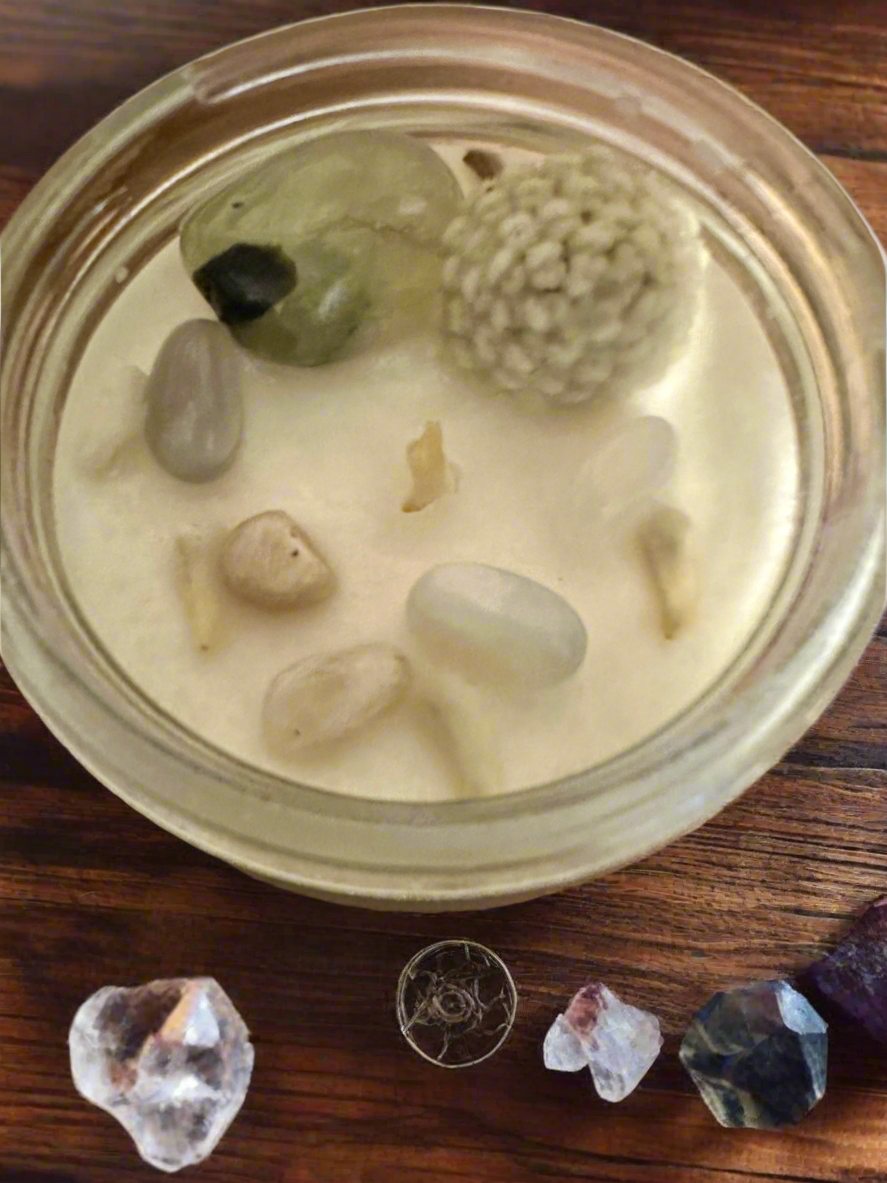 Pistachio Dreams | Nutty Vanilla Spice | Prehnite + Moonstone | Reiki Crystal Candle