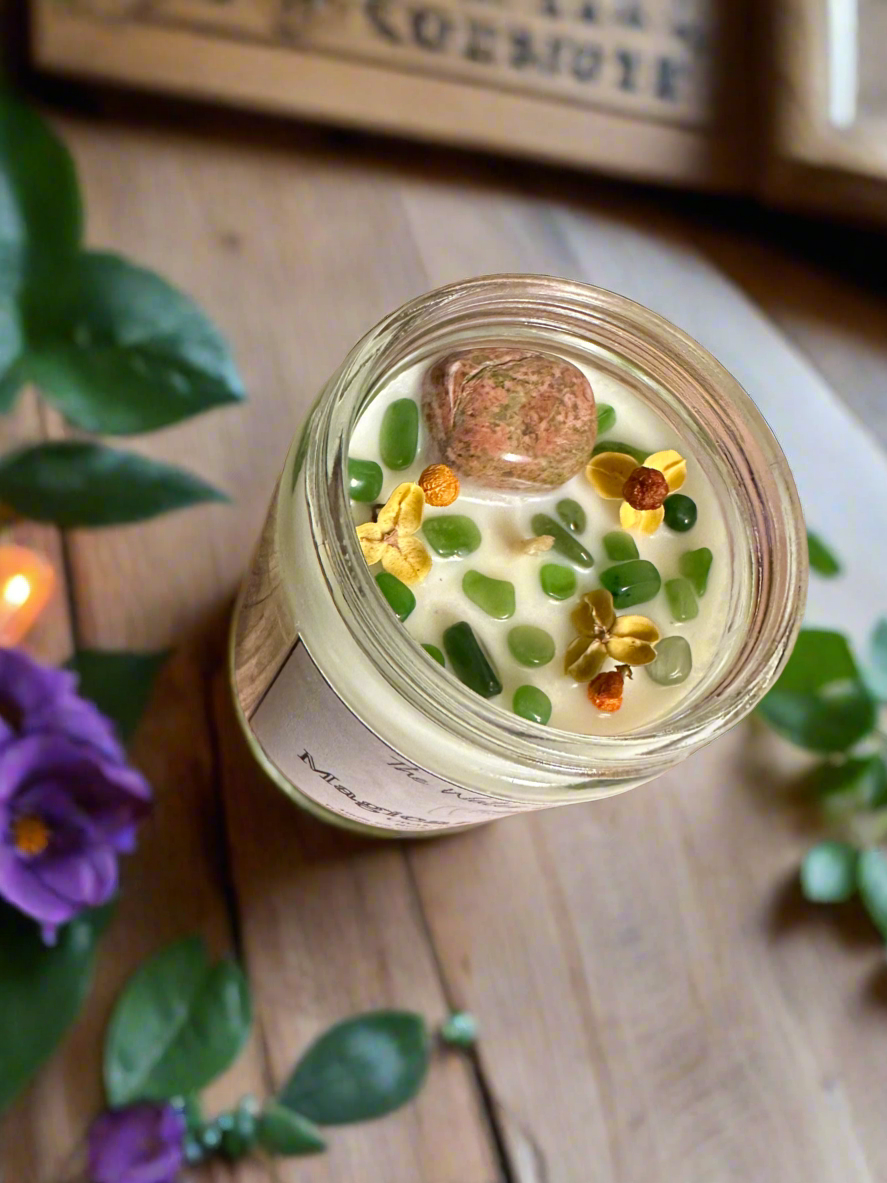Magical Cottage | Oakmoss Sage Cedar | Unakite + Jade | Reiki Crystal Candle