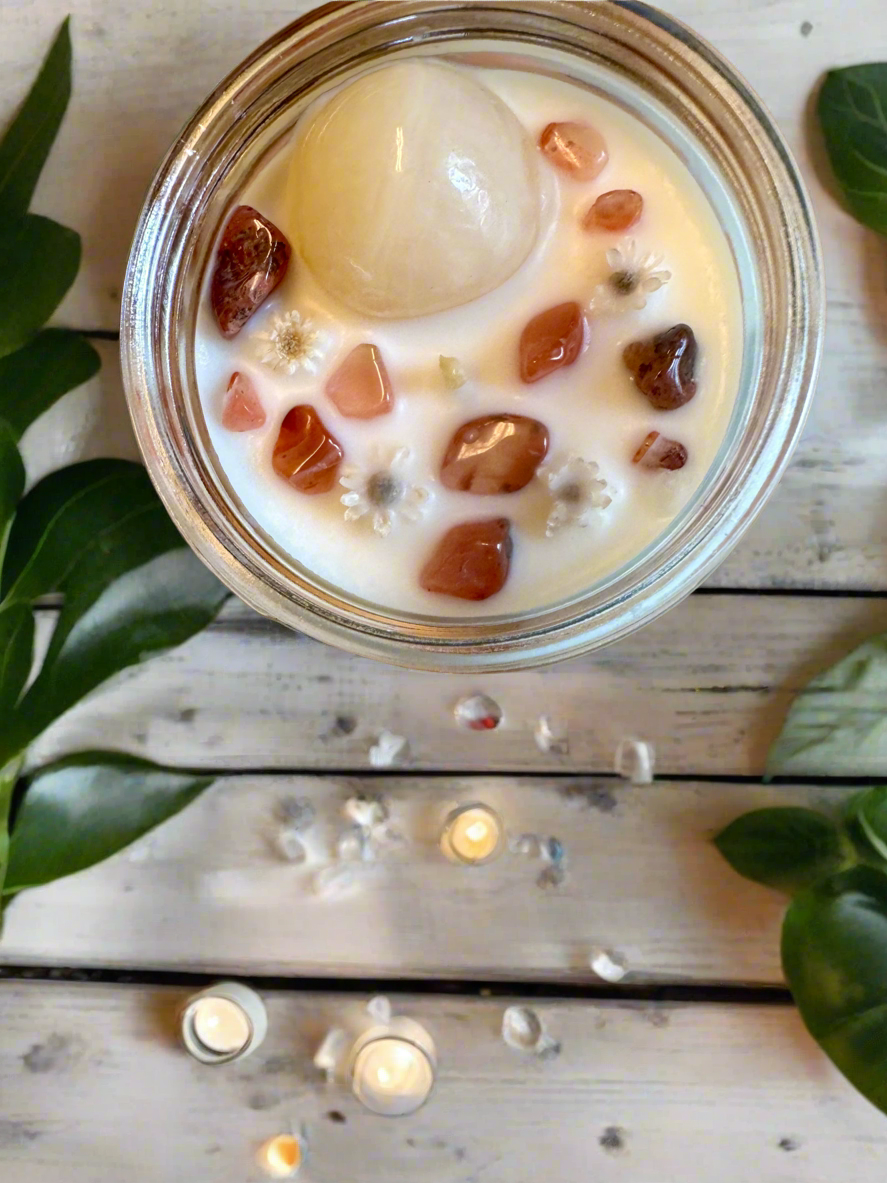 Golden Aura | Citrus Gardenia Coconut | Honey Calcite + Carnelian | Reiki Crystal Candle