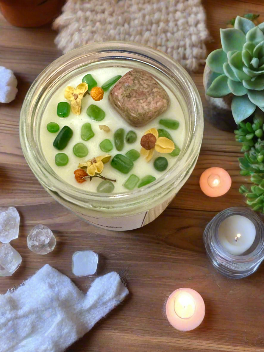 Magical Cottage | Oakmoss Sage Cedar | Unakite + Jade | Reiki Crystal Candle