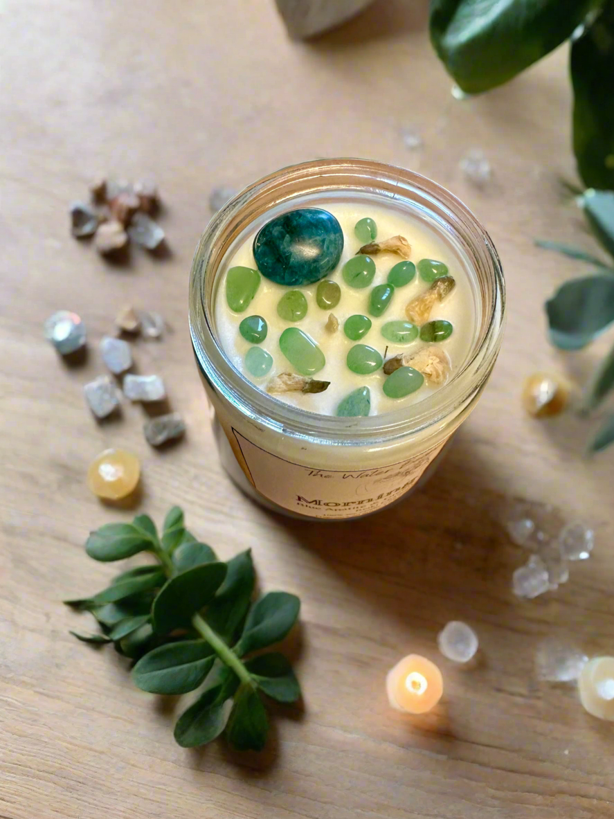 Morning Dew | Eucalyptus Sage | Blue Apatite + Green Aventurine | Reiki Crystal Candle