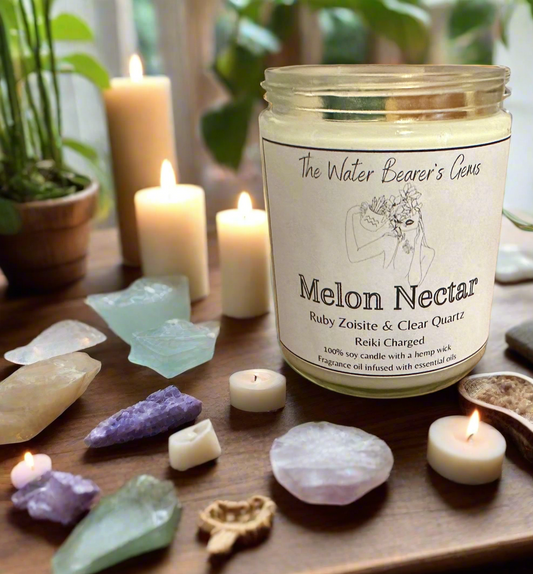 Melon Nectar | Watermelon Lemonade | Ruby Zoisite + Clear Quartz | Reiki Crystal Candle