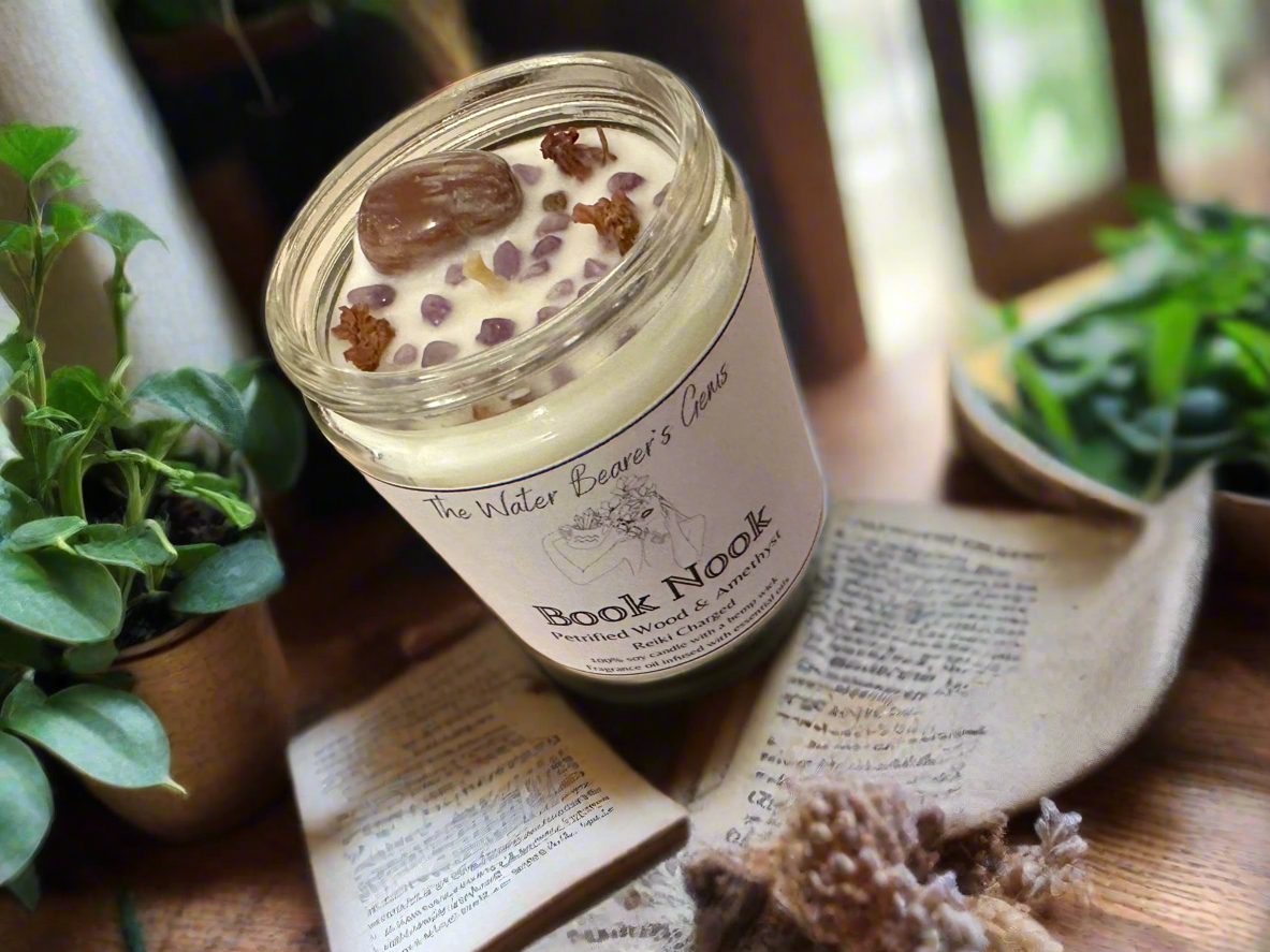 Book Nook | Cedar Leather Sandalwood | Petrified Wood + Amethyst | Reiki Crystal Candle