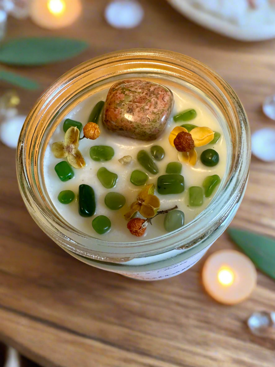 Magical Cottage | Oakmoss Sage Cedar | Unakite + Jade | Reiki Crystal Candle