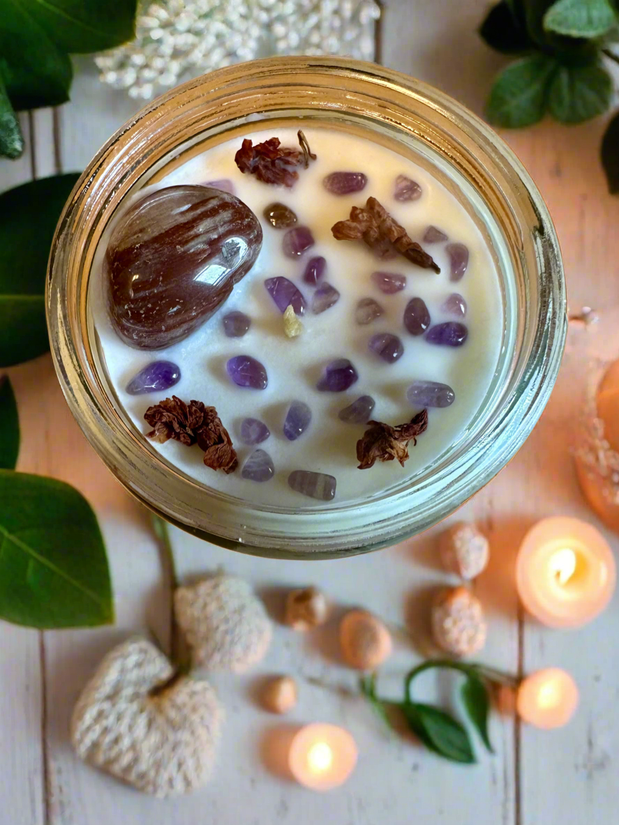 Book Nook | Cedar Leather Sandalwood | Petrified Wood + Amethyst | Reiki Crystal Candle