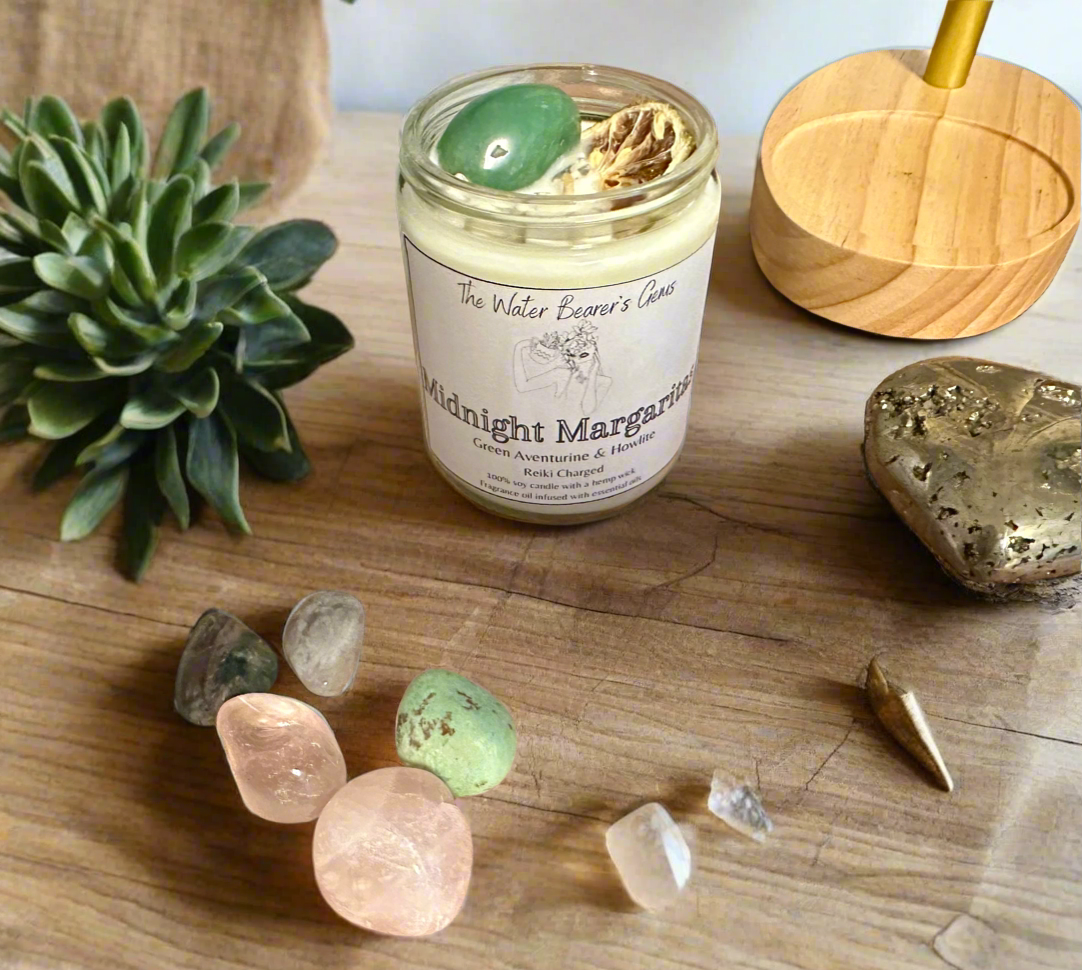Midnight Margaritas | Lime Coconut Pineapple | Green Aventurine + Howlite | Reiki Crystal Candle