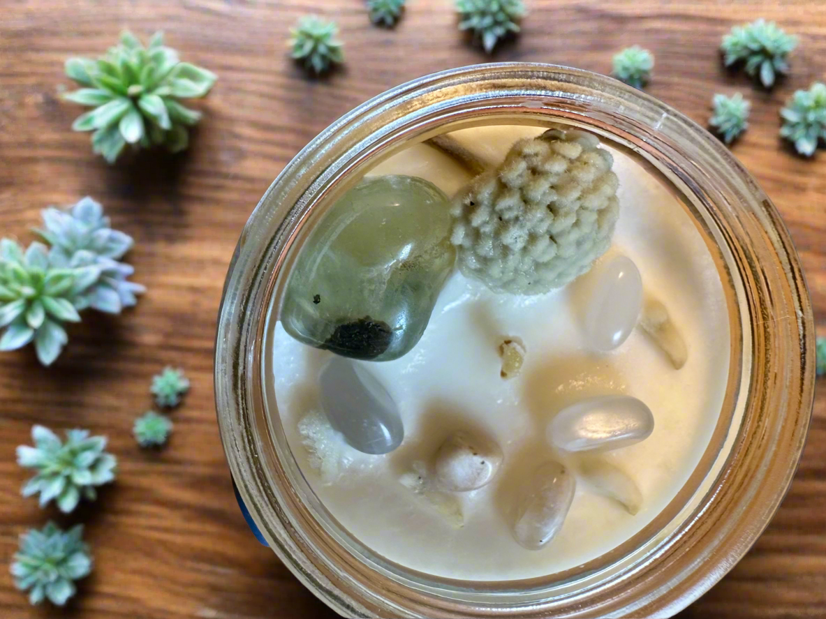Pistachio Dreams | Nutty Vanilla Spice | Prehnite + Moonstone | Reiki Crystal Candle