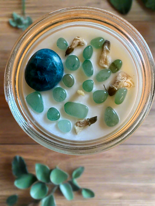 Morning Dew | Eucalyptus Sage | Blue Apatite + Green Aventurine | Reiki Crystal Candle